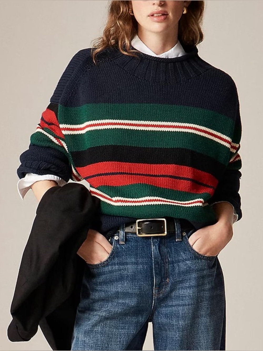 NWT Women's Oversized Preppy Roll Neck Sweater Long Sleeve - Navy w Stripes
